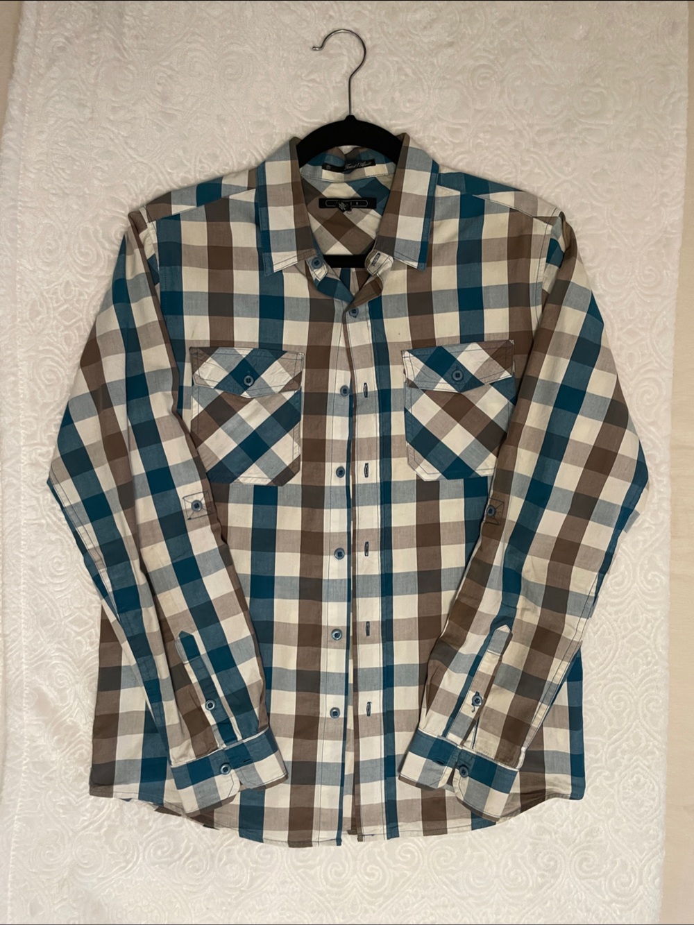 21Men Men's Plaid Button-Up Shirt Vest in Teal, Brown & White
